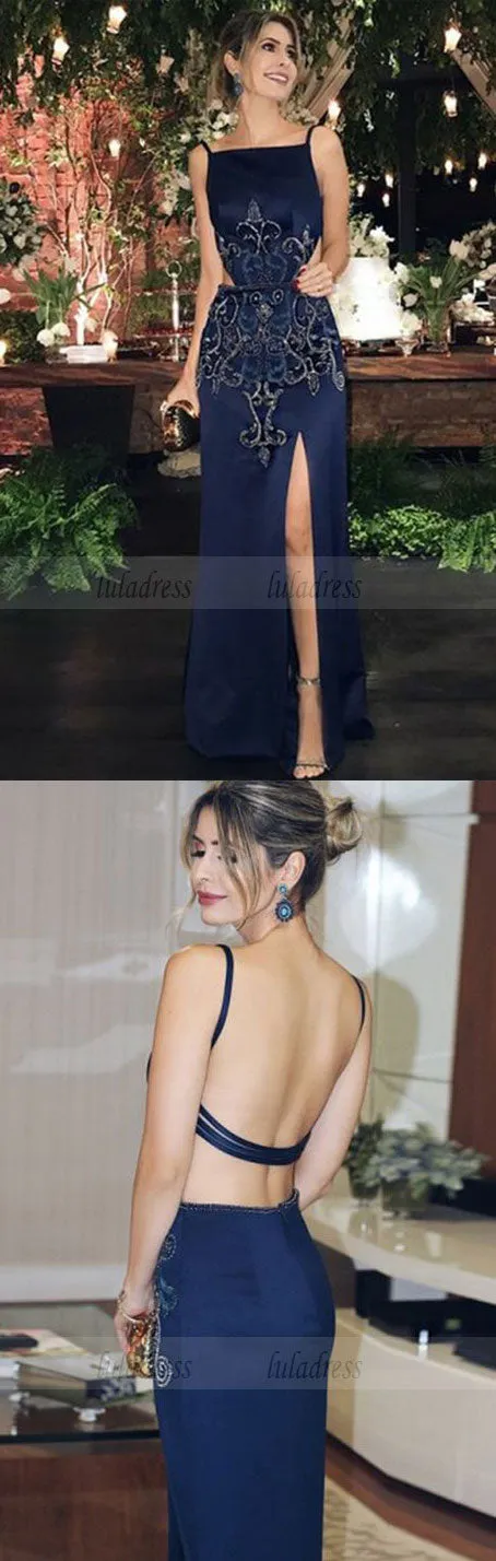 unique backless evening dresses with beading, modest party dresses with high slit