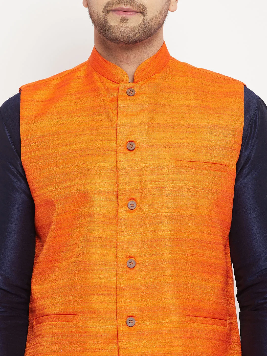 VASTRAMAY Men's Orange Silk Nehru Jacket Set