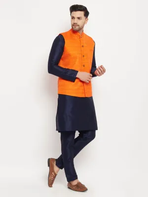 VASTRAMAY Men's Orange Silk Nehru Jacket Set