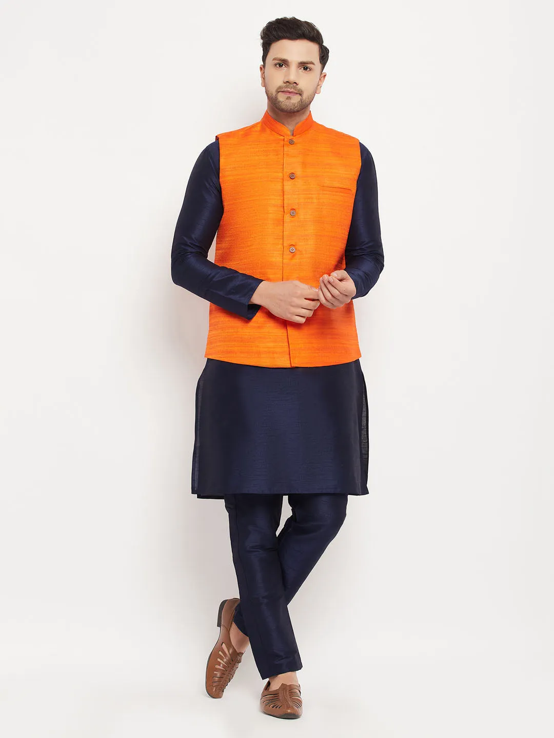 VASTRAMAY Men's Orange Silk Nehru Jacket Set