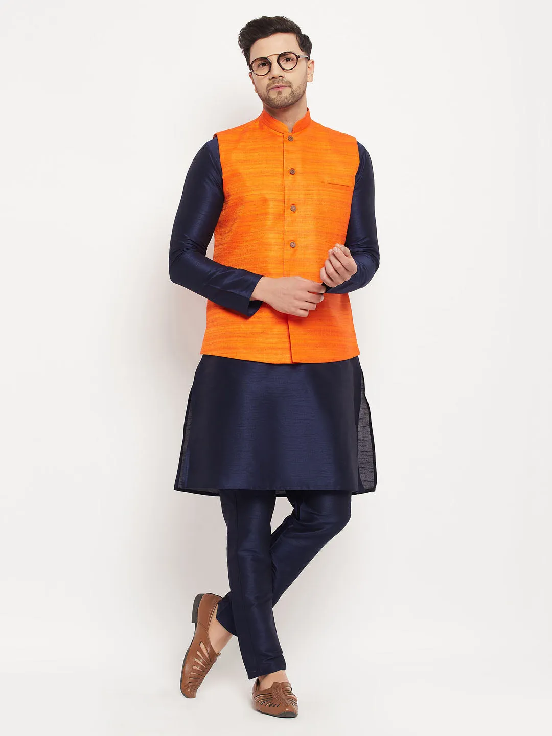 VASTRAMAY Men's Orange Silk Nehru Jacket Set