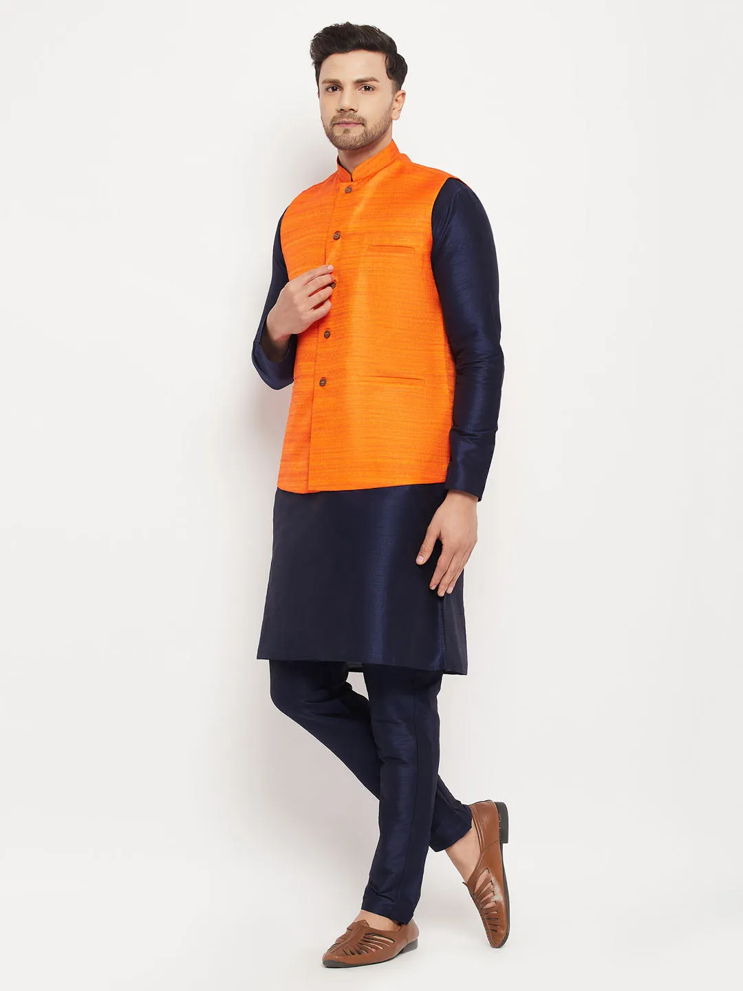 VASTRAMAY Men's Orange Silk Nehru Jacket Set