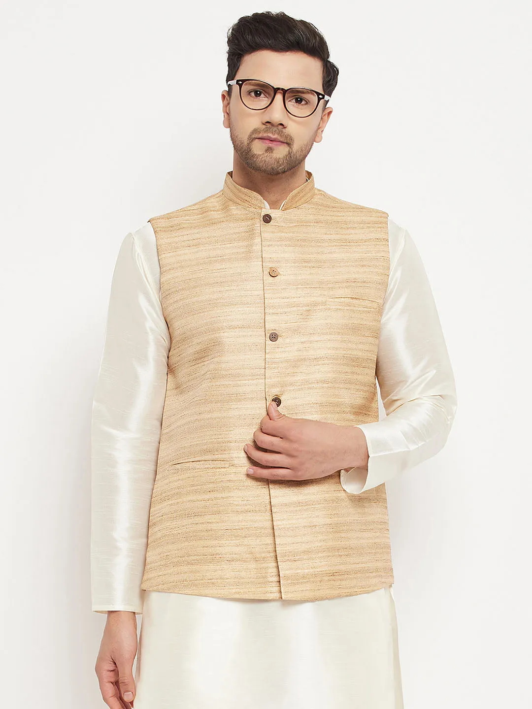 VM BY VASTRAMAY Beige Silk Nehru Jacket