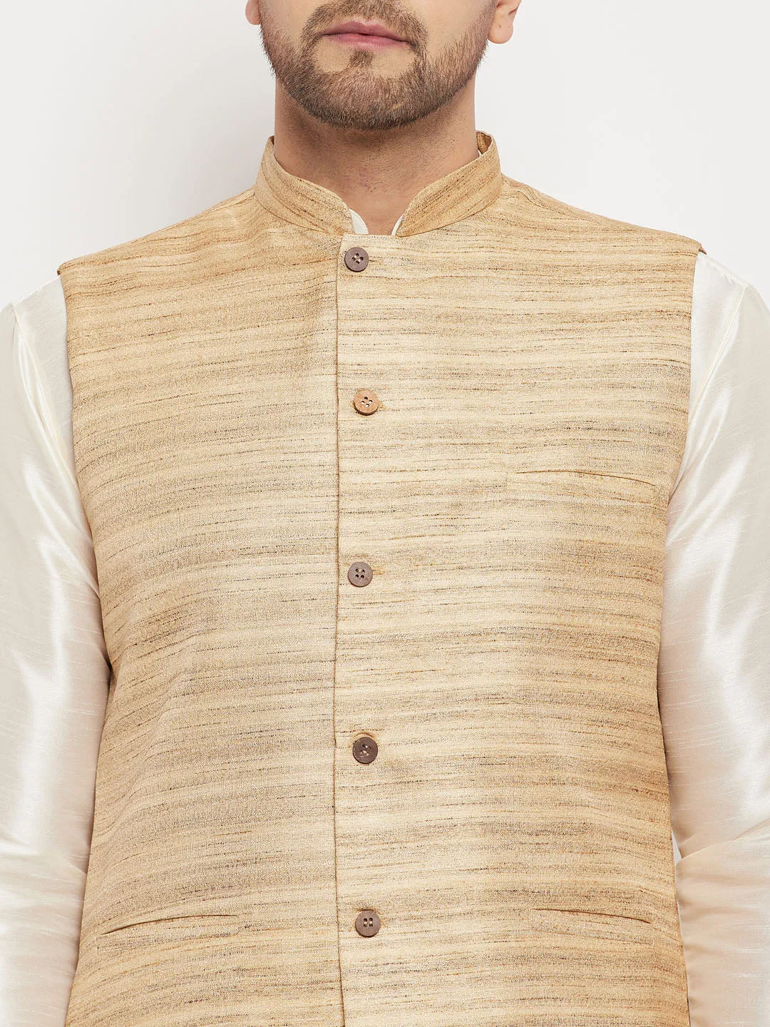 VM BY VASTRAMAY Beige Silk Nehru Jacket