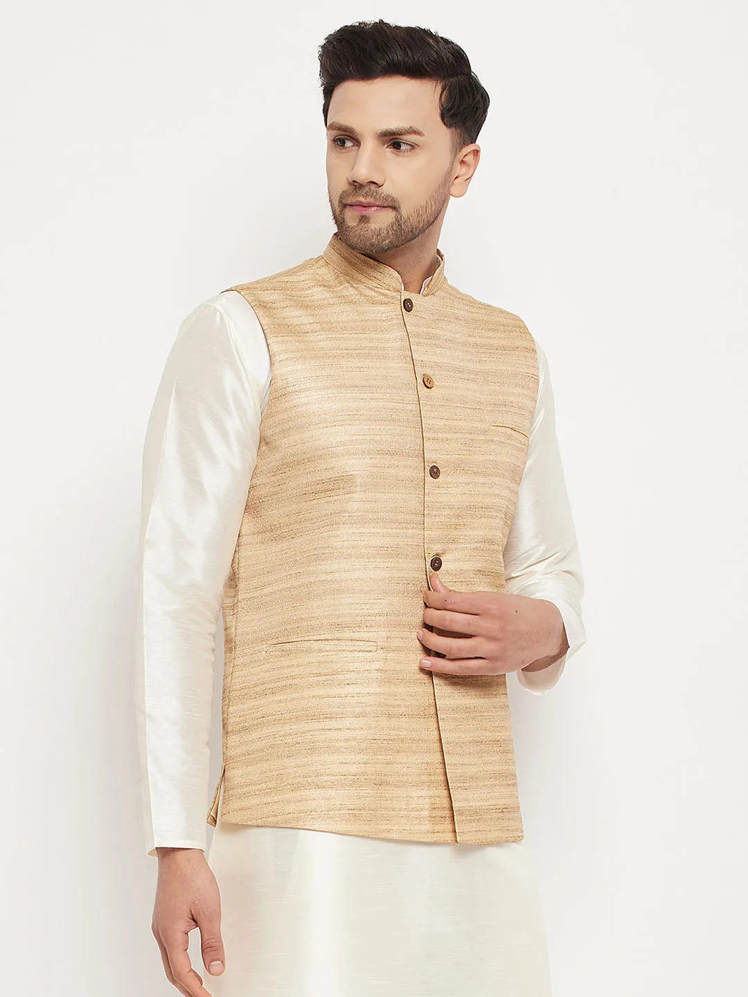 VM BY VASTRAMAY Beige Silk Nehru Jacket