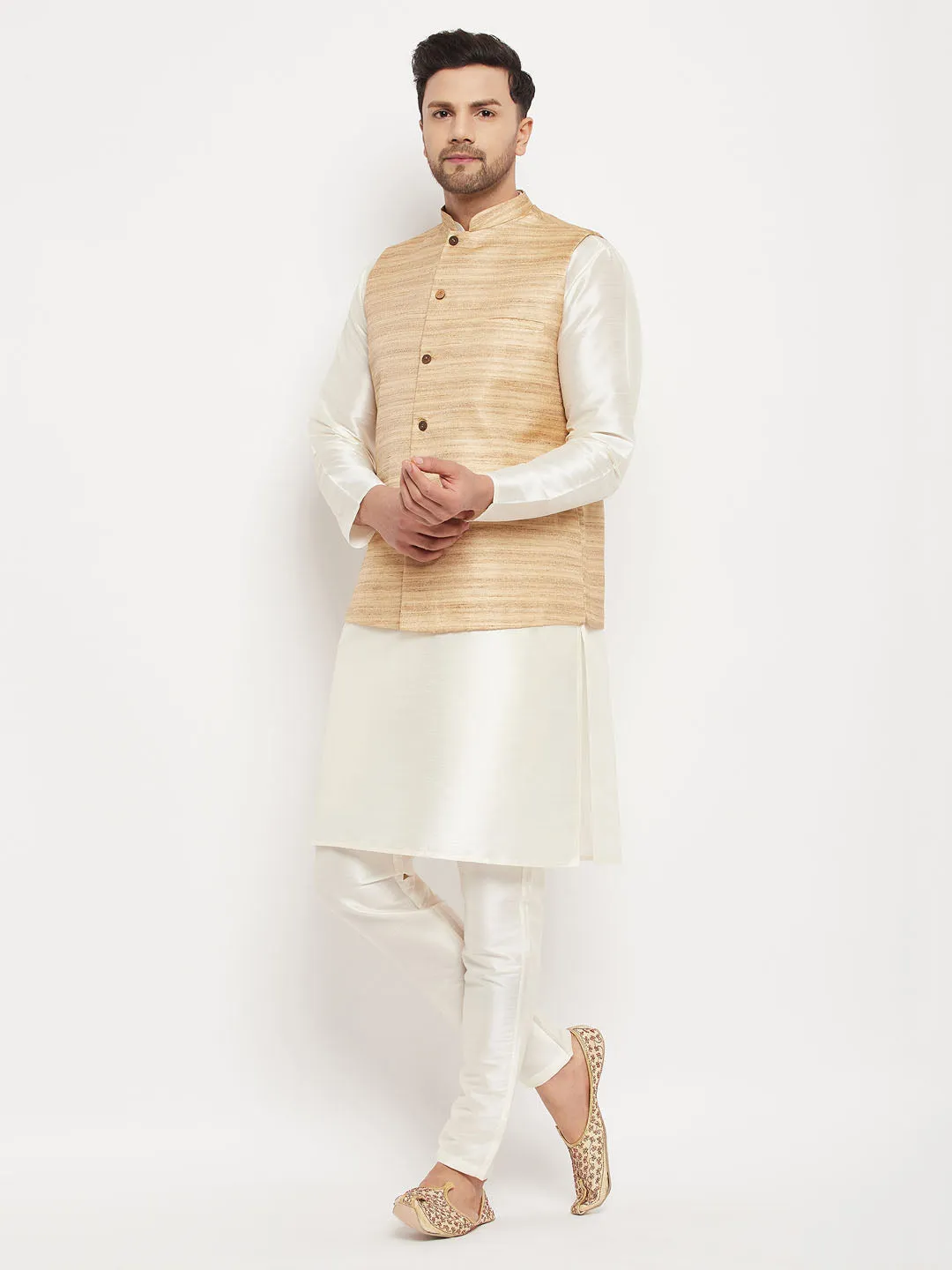 VM BY VASTRAMAY Beige Silk Nehru Jacket