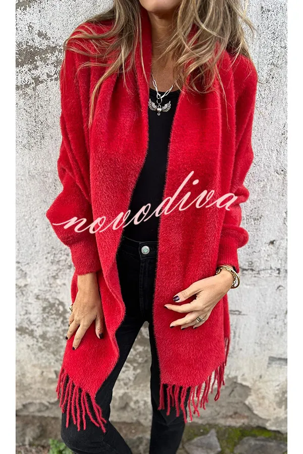 Warm Corner Knit Plush Tassel Trim Relaxed Shawl Cardigan