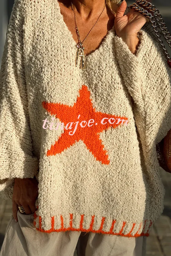 Warm Winter Day Texture Knit Star Pattern Contrast Color Loose Sweater