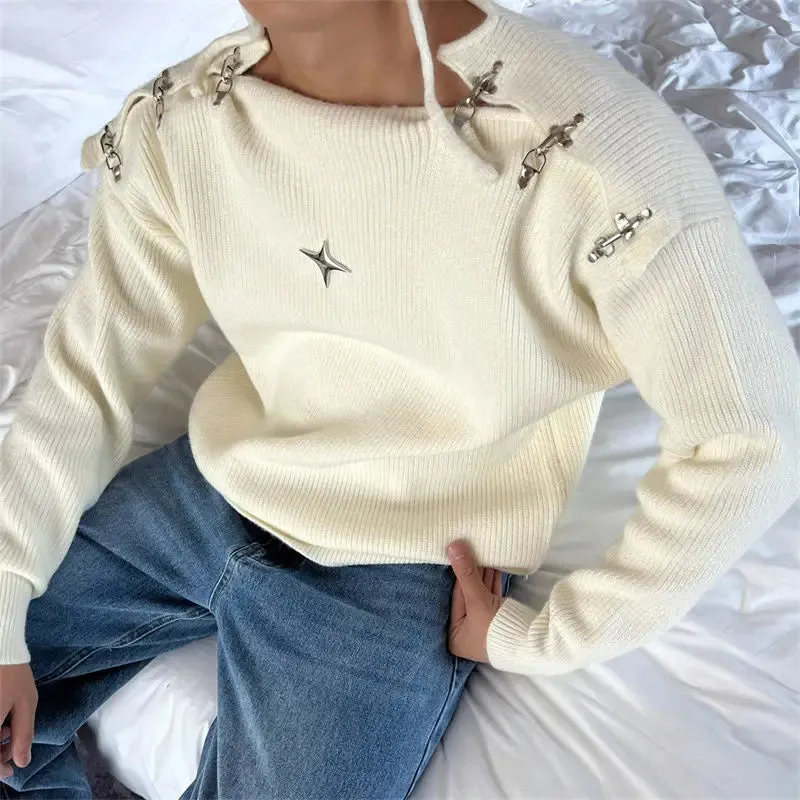 Wiaofellas  -  Winter Personalized Button-down Off-shoulder Sweater Fashionable Handsome Loose Casual Long-sleeved Sweaters Male Clothes