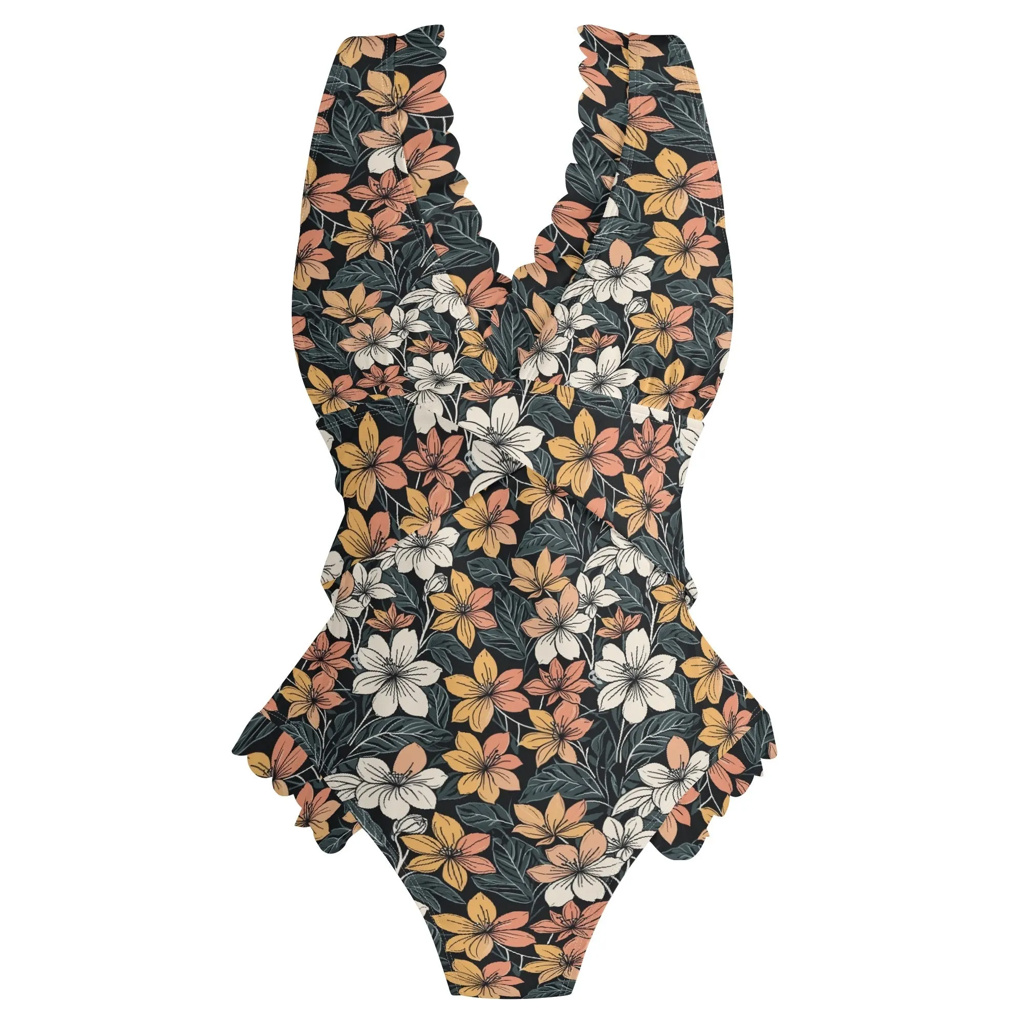 Womens Field of Flowers Ruffle Edge Cross-Front One Piece Swimsuit Bathing Suit