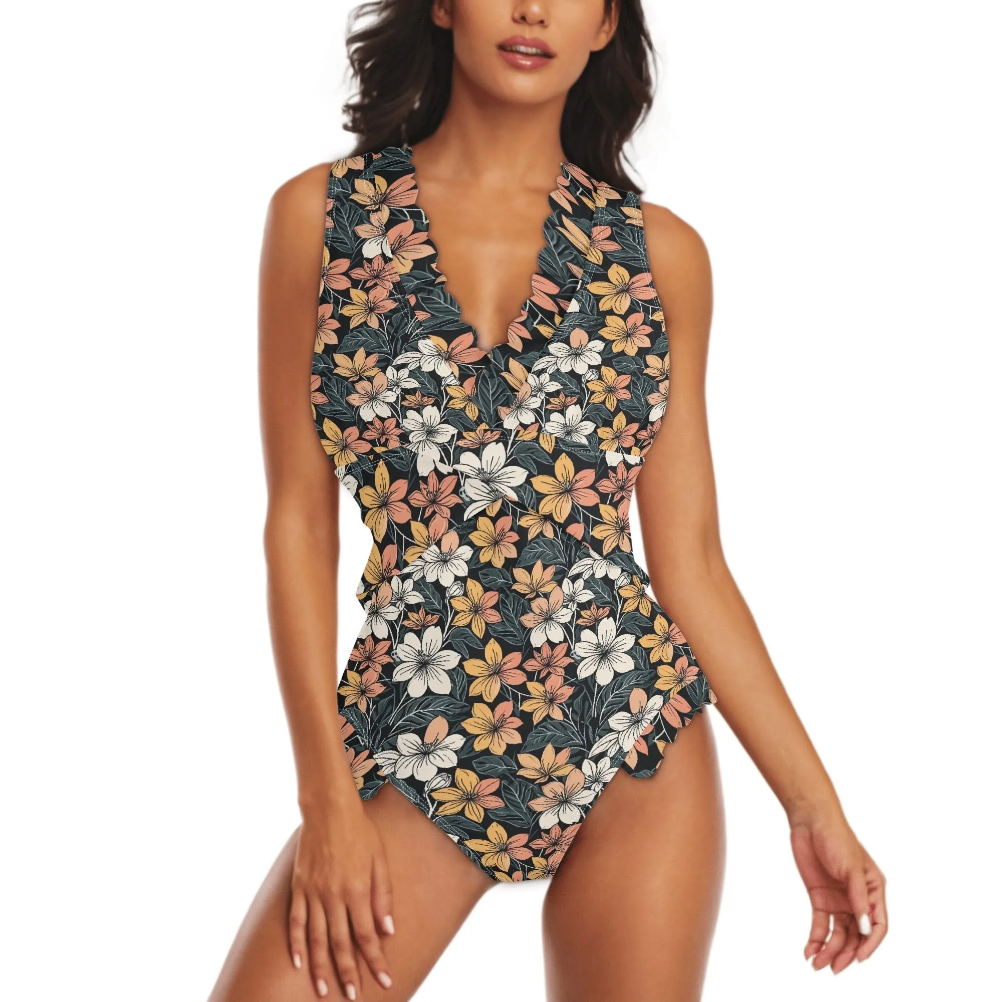 Womens Field of Flowers Ruffle Edge Cross-Front One Piece Swimsuit Bathing Suit