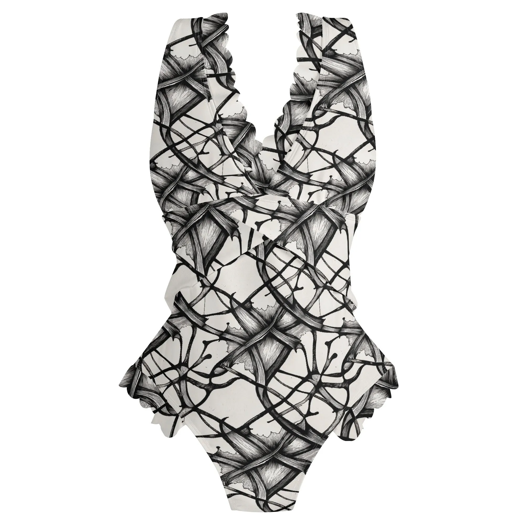 Womens Floral Ink Ruffle Edge Cross-Front One Piece Swimsuit Bathing Suit