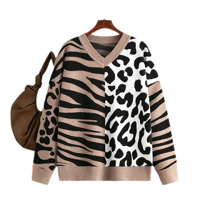 Women's Leopard Patchwork Mixed Knit Pullover Sweater