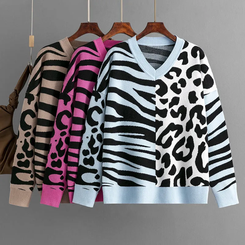 Women's Leopard Patchwork Mixed Knit Pullover Sweater