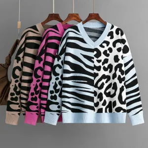 Women's Leopard Patchwork Mixed Knit Pullover Sweater