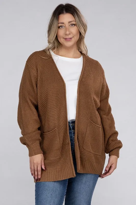 Zenana Plus Size Open Front Waffle Knit Cardigan