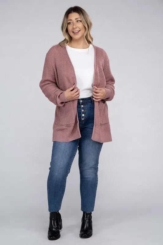 Zenana Plus Size Open Front Waffle Knit Cardigan