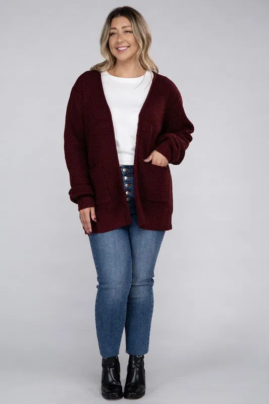 Zenana Plus Size Open Front Waffle Knit Cardigan