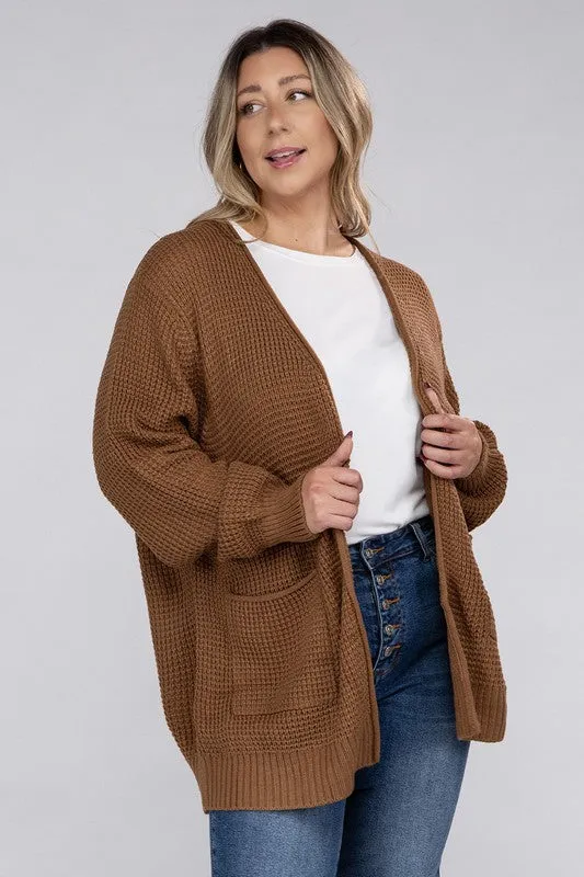 Zenana Plus Size Open Front Waffle Knit Cardigan