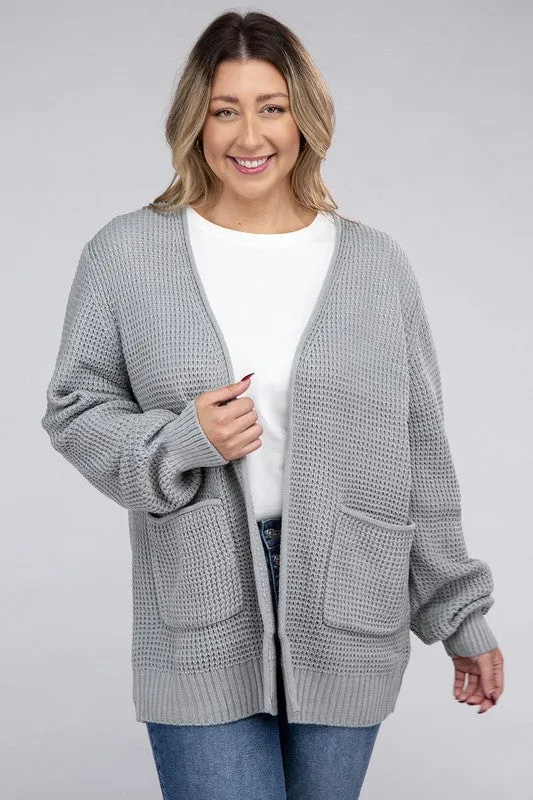 Zenana Plus Size Open Front Waffle Knit Cardigan