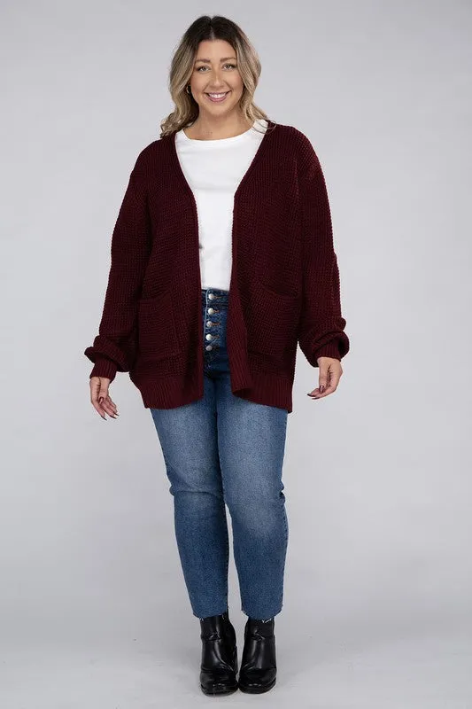 Zenana Plus Size Open Front Waffle Knit Cardigan