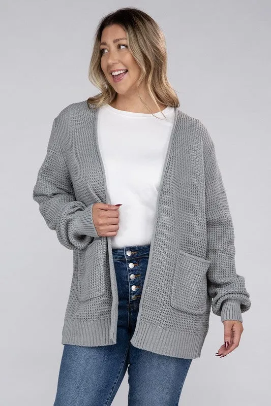 Zenana Plus Size Open Front Waffle Knit Cardigan