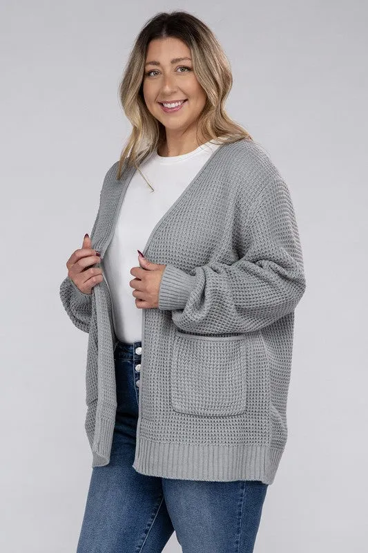 Zenana Plus Size Open Front Waffle Knit Cardigan