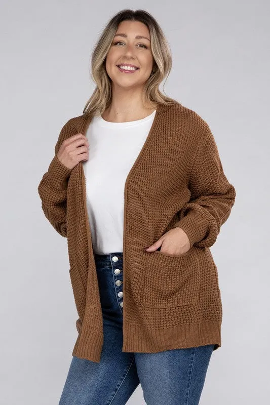 Zenana Plus Size Open Front Waffle Knit Cardigan