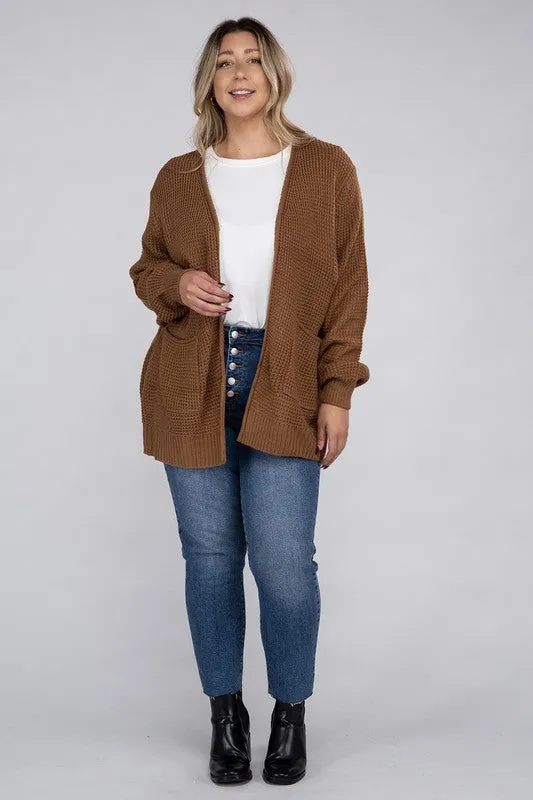 Zenana Plus Size Open Front Waffle Knit Cardigan