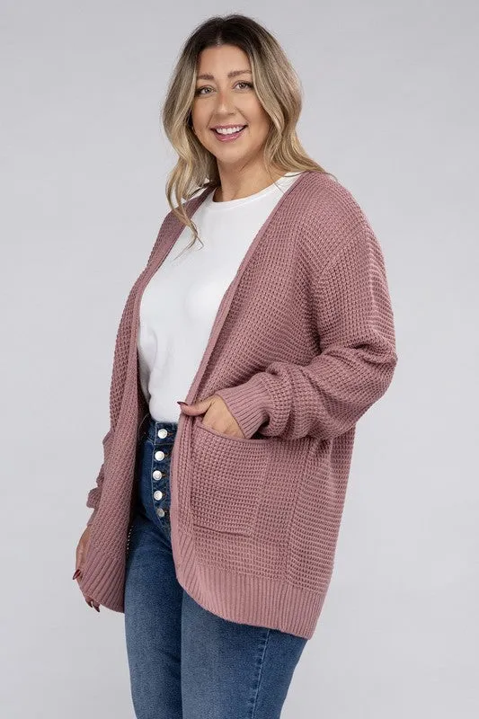 Zenana Plus Size Open Front Waffle Knit Cardigan