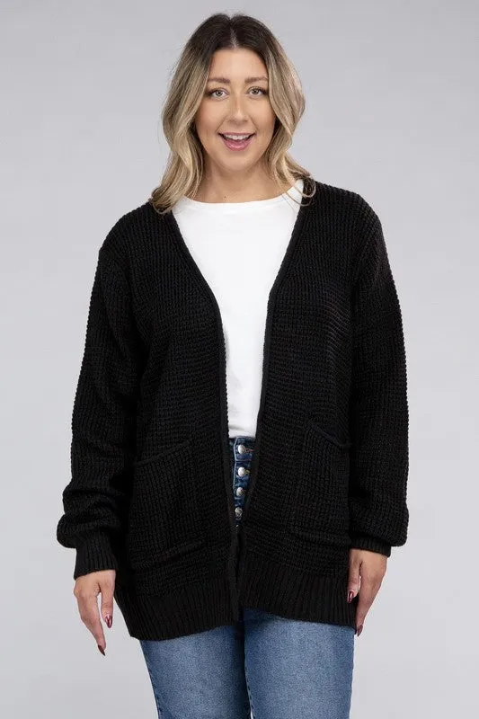 Zenana Plus Size Open Front Waffle Knit Cardigan